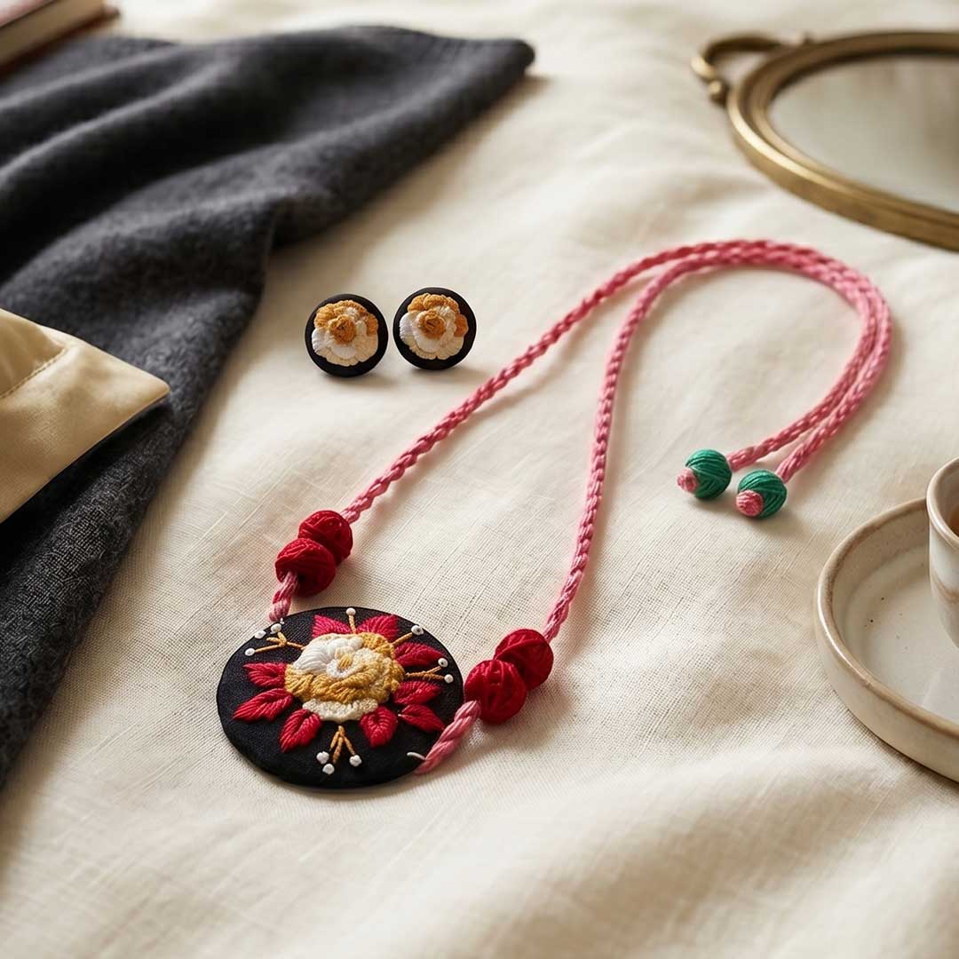Hand-Embroidered Floral Medallion Necklace and Stud Earring Set