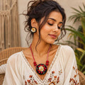 Hand-Embroidered Floral Medallion Necklace and Stud Earring Set