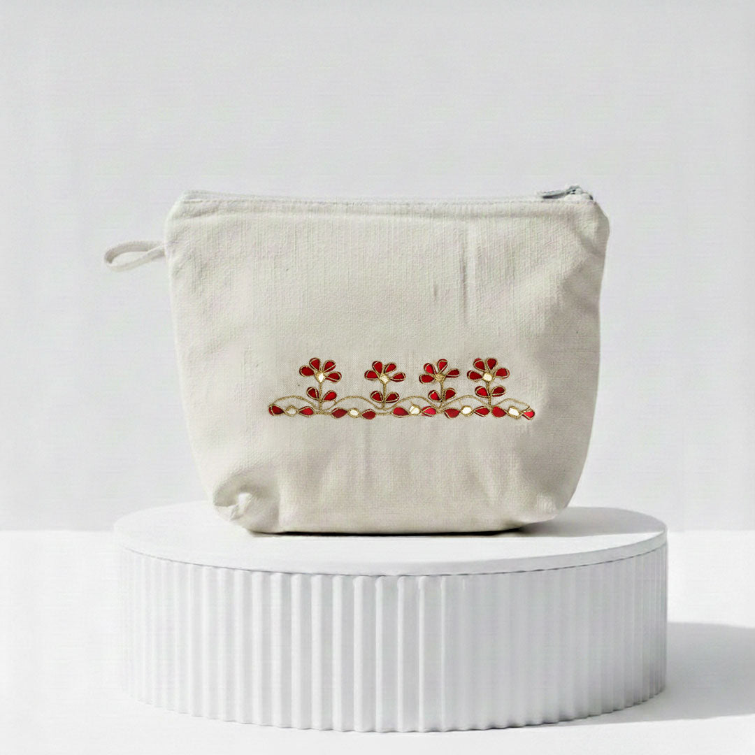Gota Patti-Embroidered Floral Canvas Travel Pouch