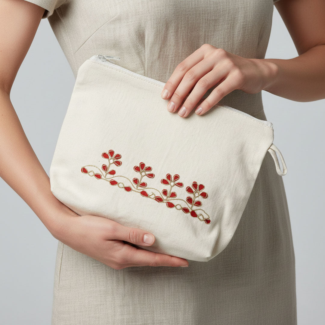 Gota Patti-Embroidered Floral Canvas Travel Pouch