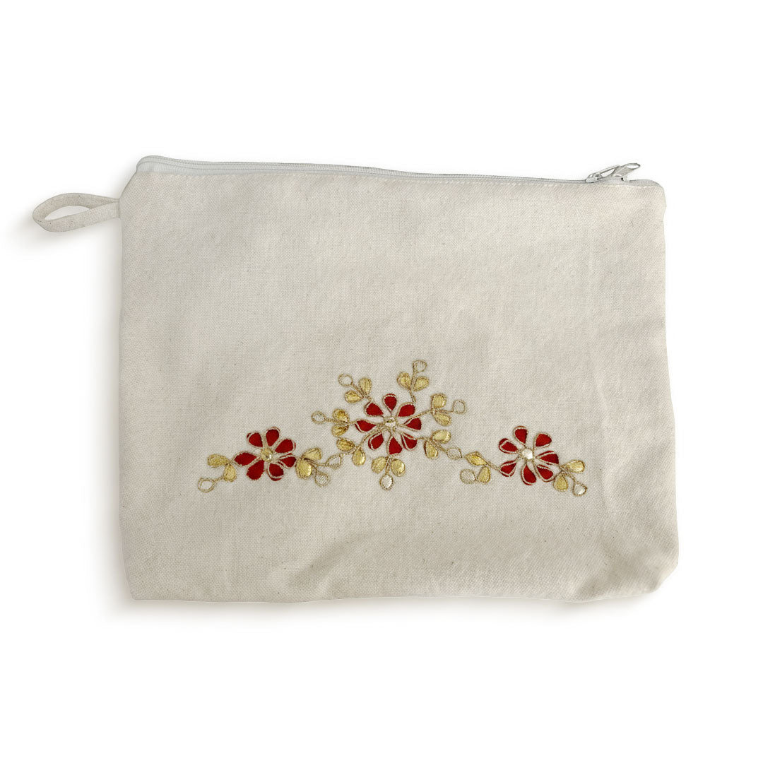 Gota Patti-Embroidered Floral Canvas Travel Pouch - Red & Gold