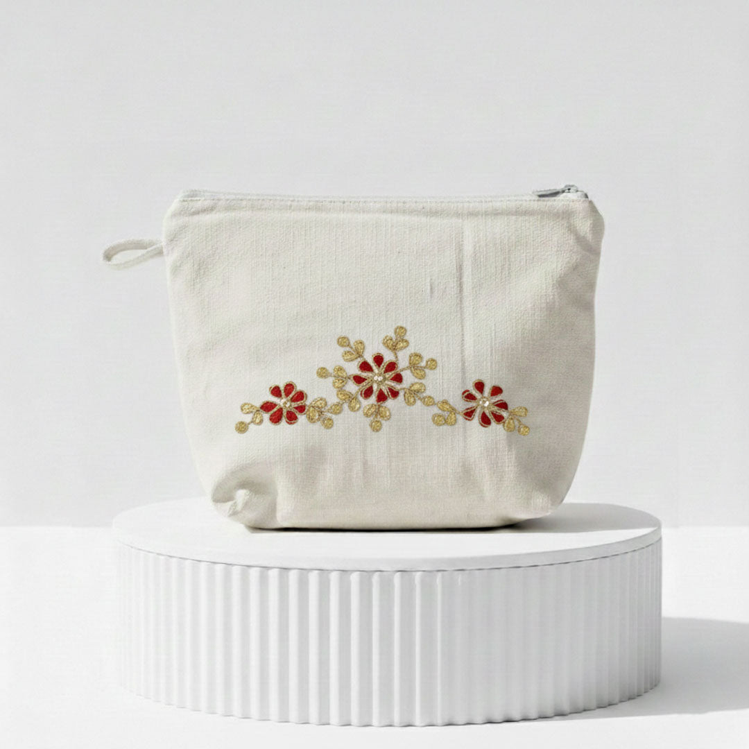 Gota Patti-Embroidered Floral Canvas Travel Pouch - Red & Gold