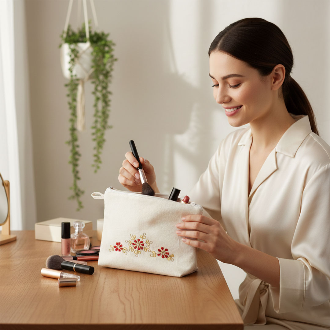 Gota Patti-Embroidered Floral Canvas Travel Pouch - Red & Gold
