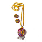 Hand-Embroidered Floral Pendant and Earring Set in Yellow and Magenta