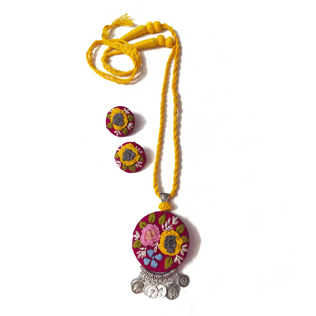 Hand-Embroidered Floral Pendant and Earring Set in Yellow and Magenta