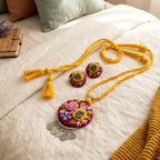 Hand-Embroidered Floral Pendant and Earring Set in Yellow and Magenta