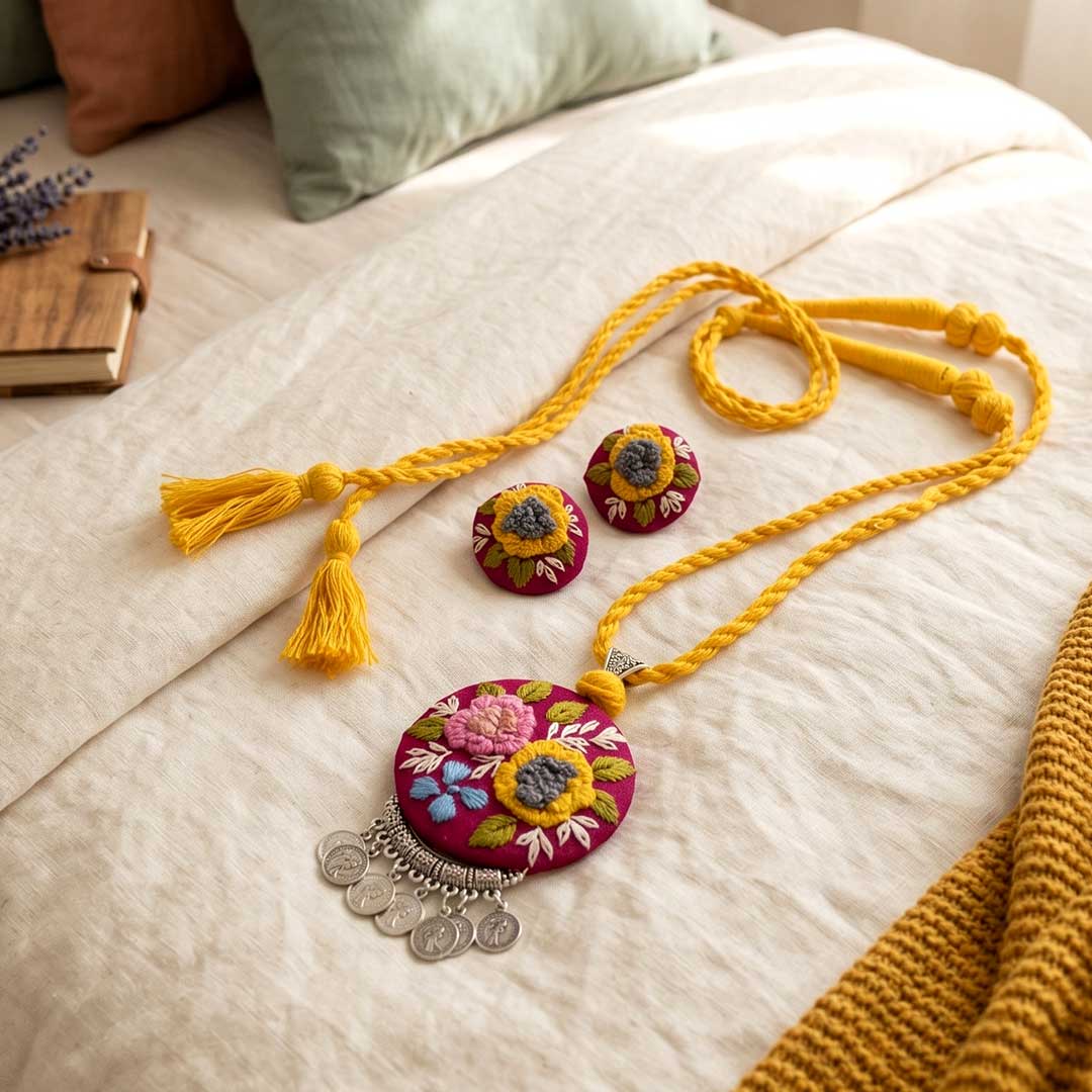 Hand-Embroidered Floral Pendant and Earring Set in Yellow and Magenta