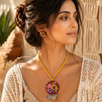 Hand-Embroidered Floral Pendant and Earring Set in Yellow and Magenta