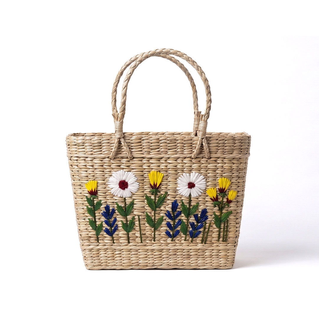 Artisan-Embroidered Garden Kauna Grass Basket Bag