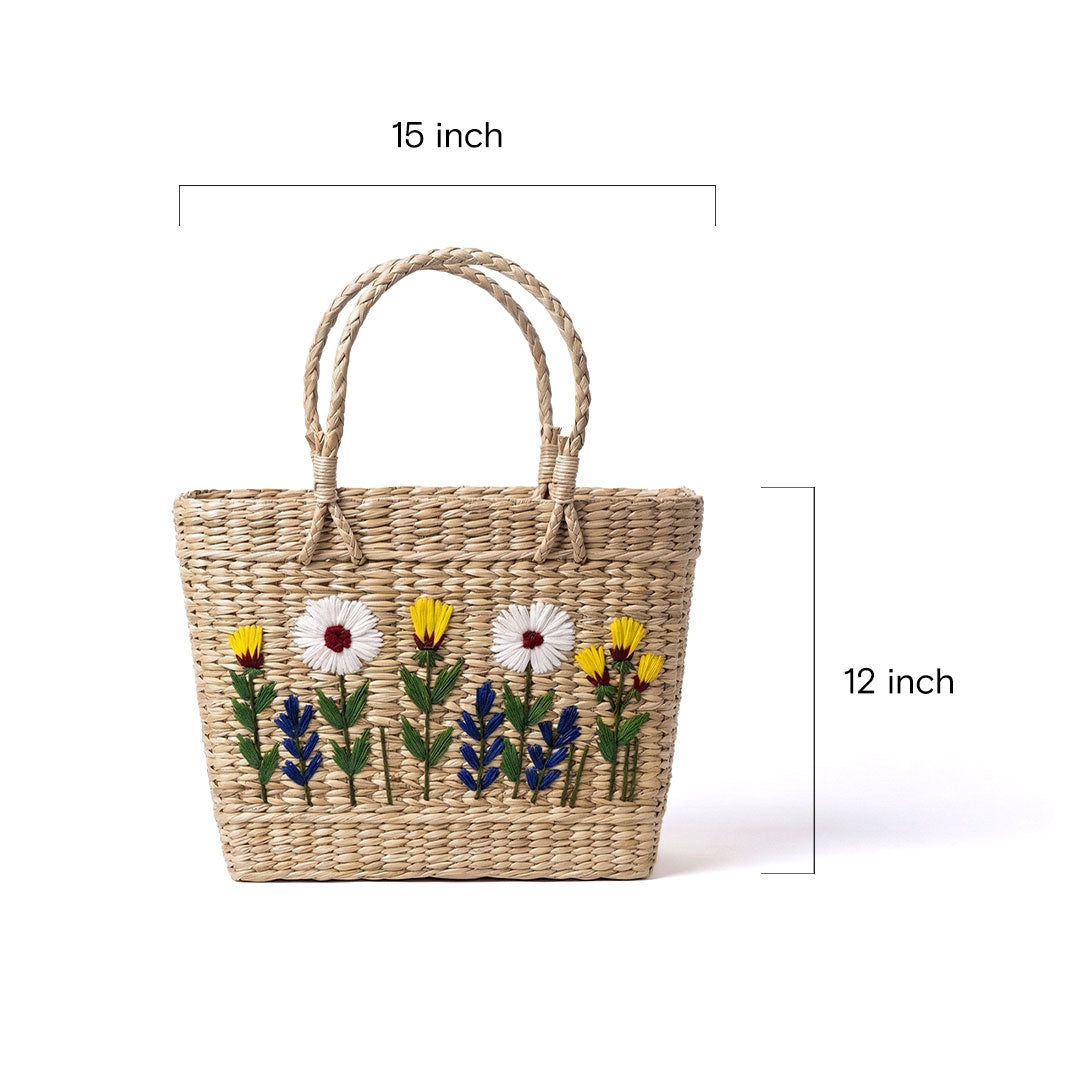 Artisan-Embroidered Garden Kauna Grass Basket Bag