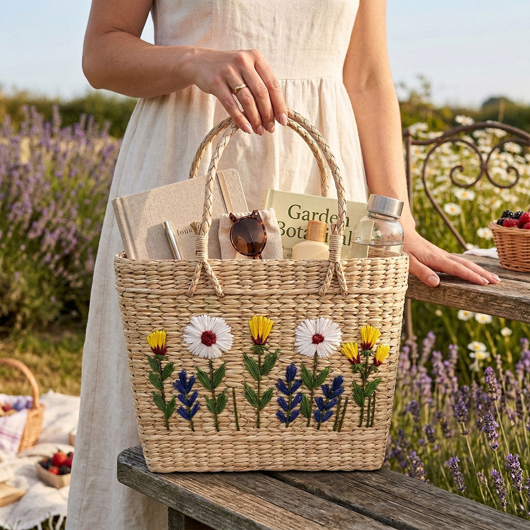 Artisan-Embroidered Garden Kauna Grass Basket Bag