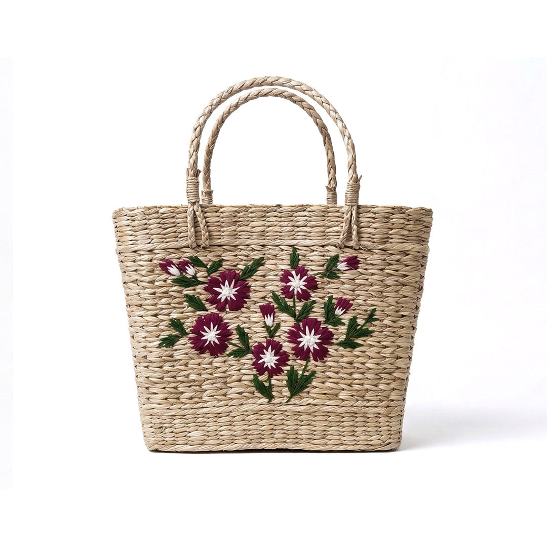 Purple Flora Embroidered Kauna Grass Basket Bag