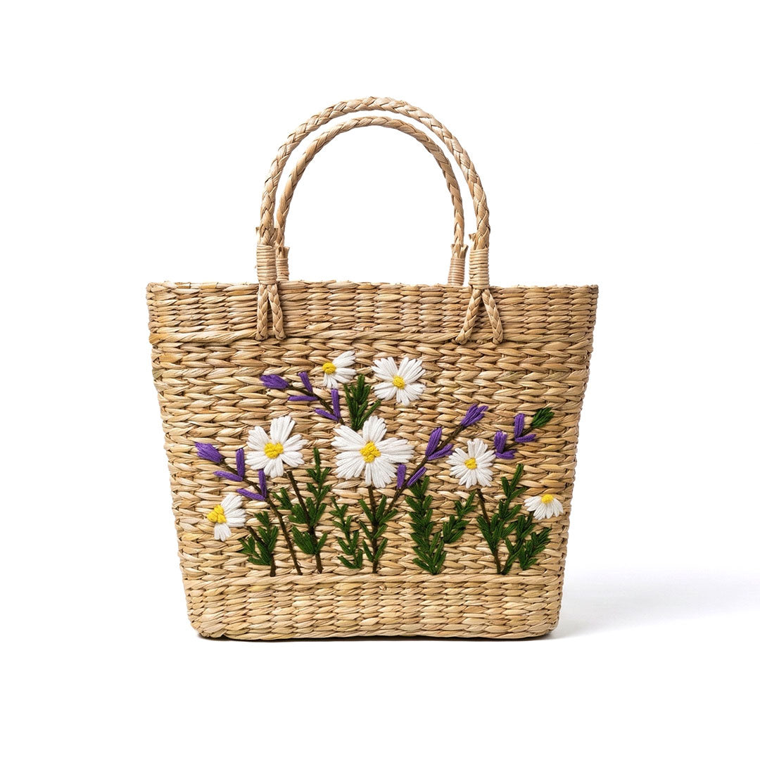 Embroidered Daisy & Lavender Kauna Grass Basket Bag