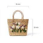 Embroidered Daisy & Lavender Kauna Grass Basket Bag