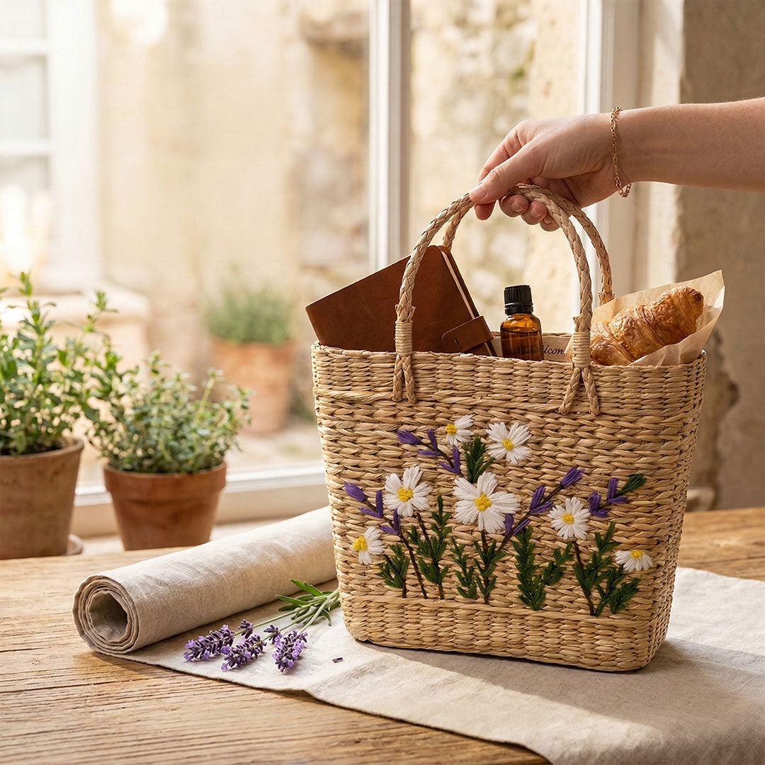 Embroidered Daisy & Lavender Kauna Grass Basket Bag