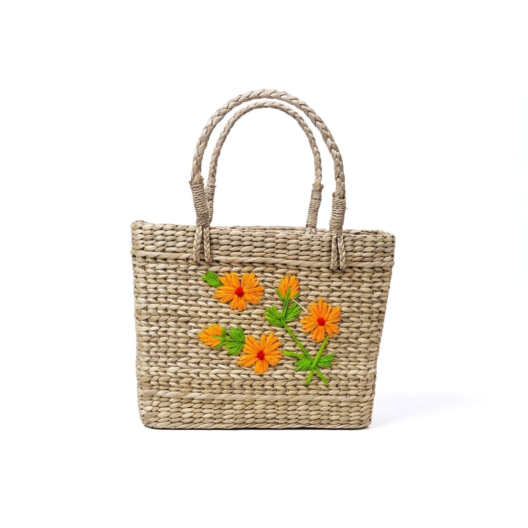 Orange Bloom Embroidered Kauna Grass Basket Bag