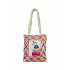 Woven tote bag with a colorful llama design on a white background