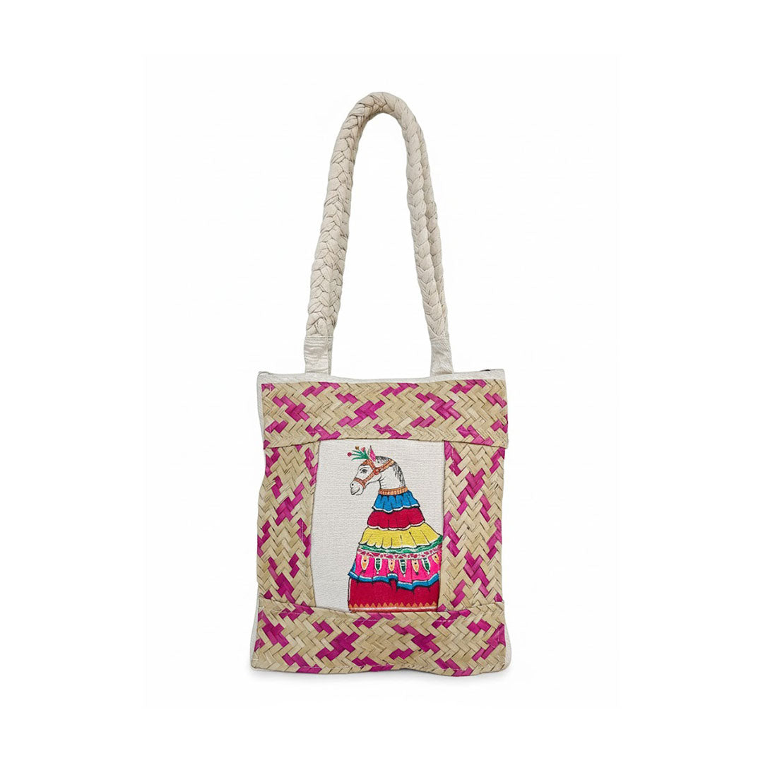 Woven tote bag with a colorful llama design on a white background