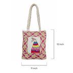 Woven bag with a colorful llama design on a white background