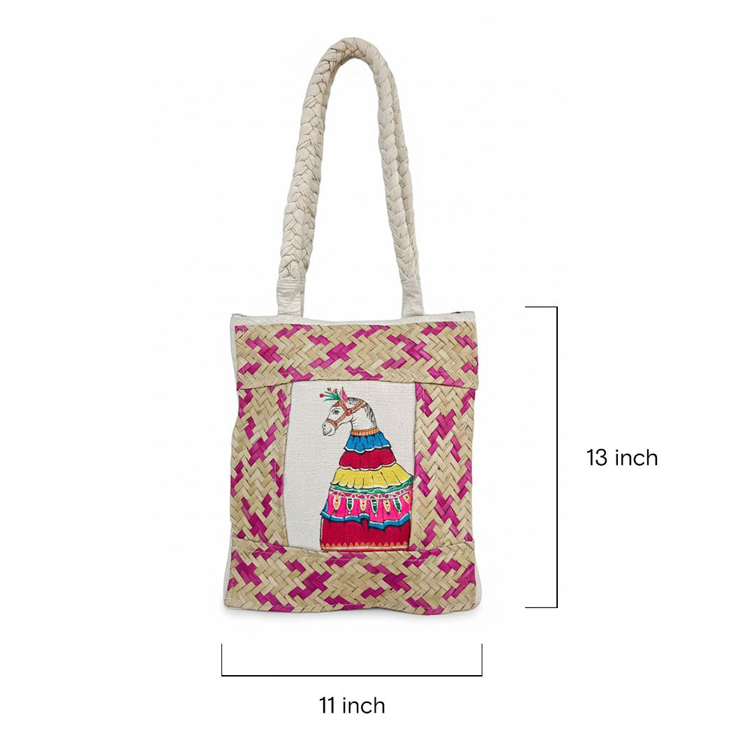 Woven bag with a colorful llama design on a white background