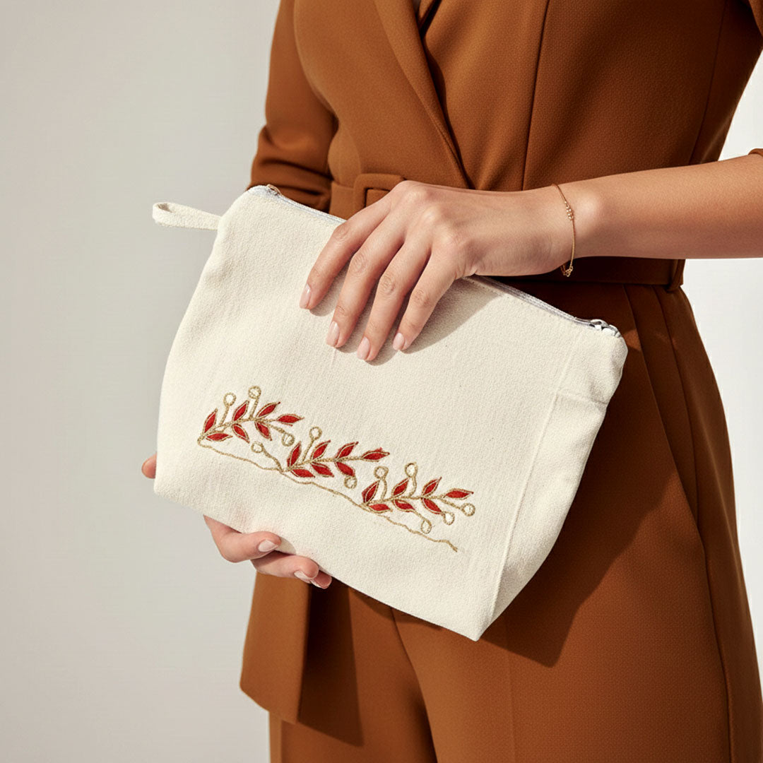 Gota Patti-Embroidered Canvas Travel Pouch with Floral Detail