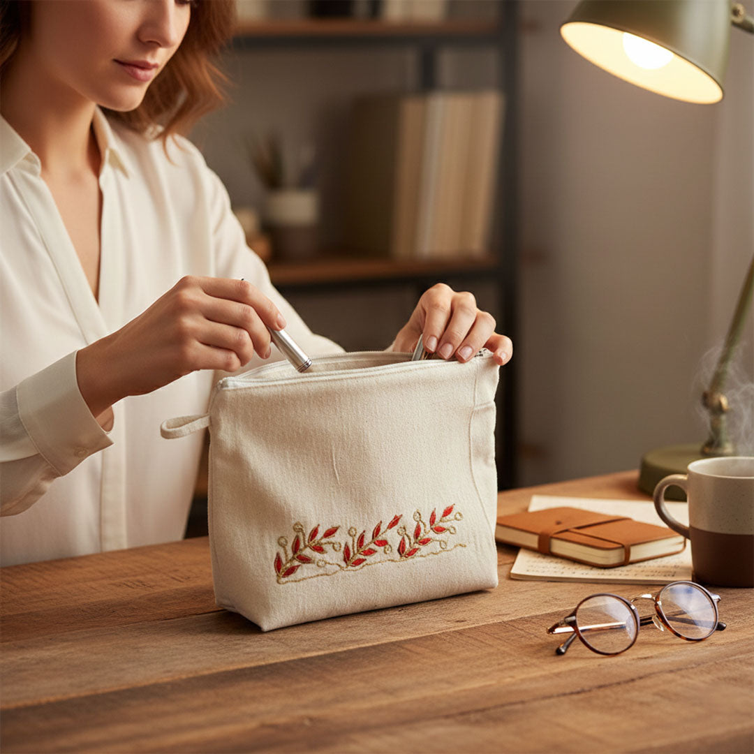 Gota Patti-Embroidered Canvas Travel Pouch with Floral Detail