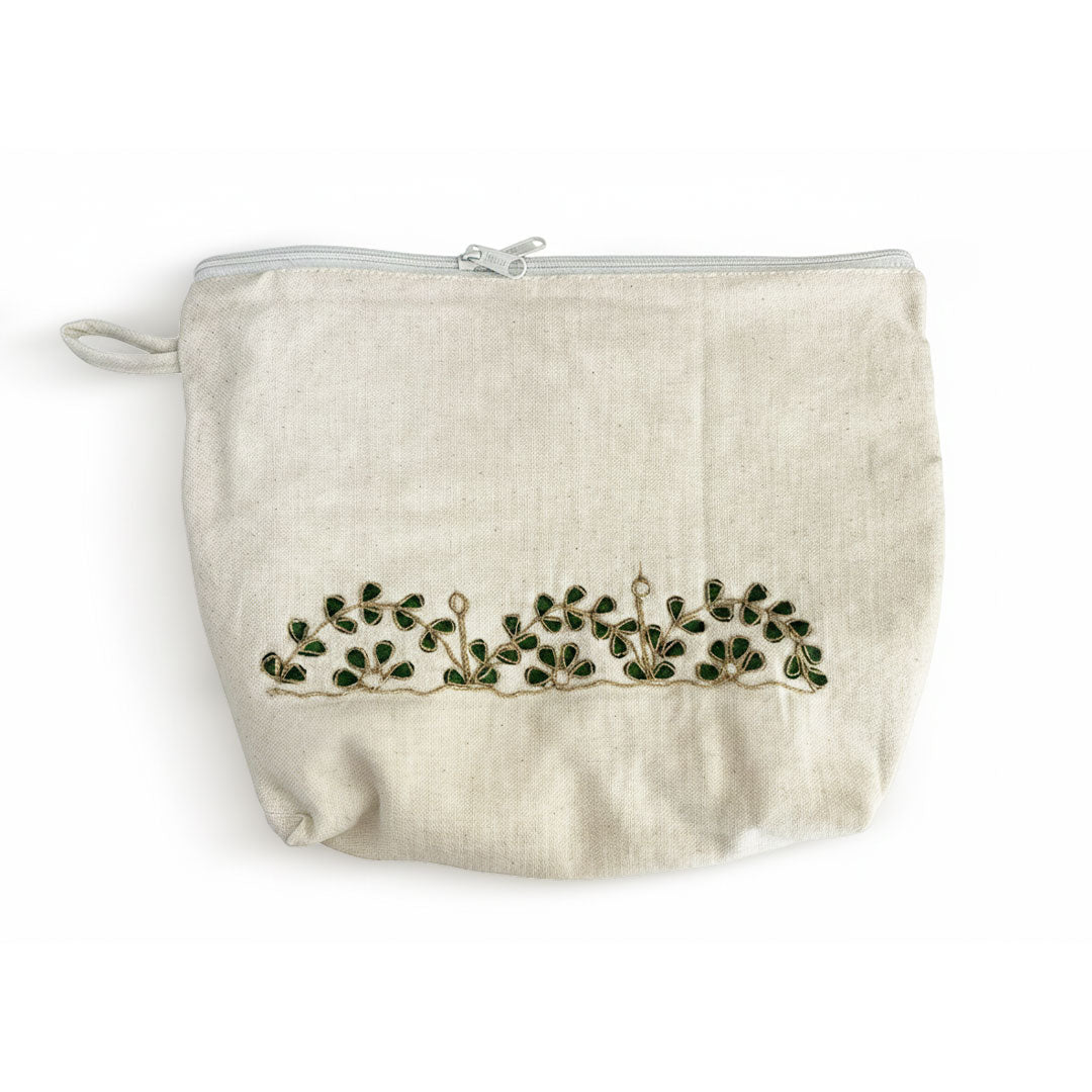 Gota Patti-Embroidered Canvas Travel Pouch with Green Leaf Vine