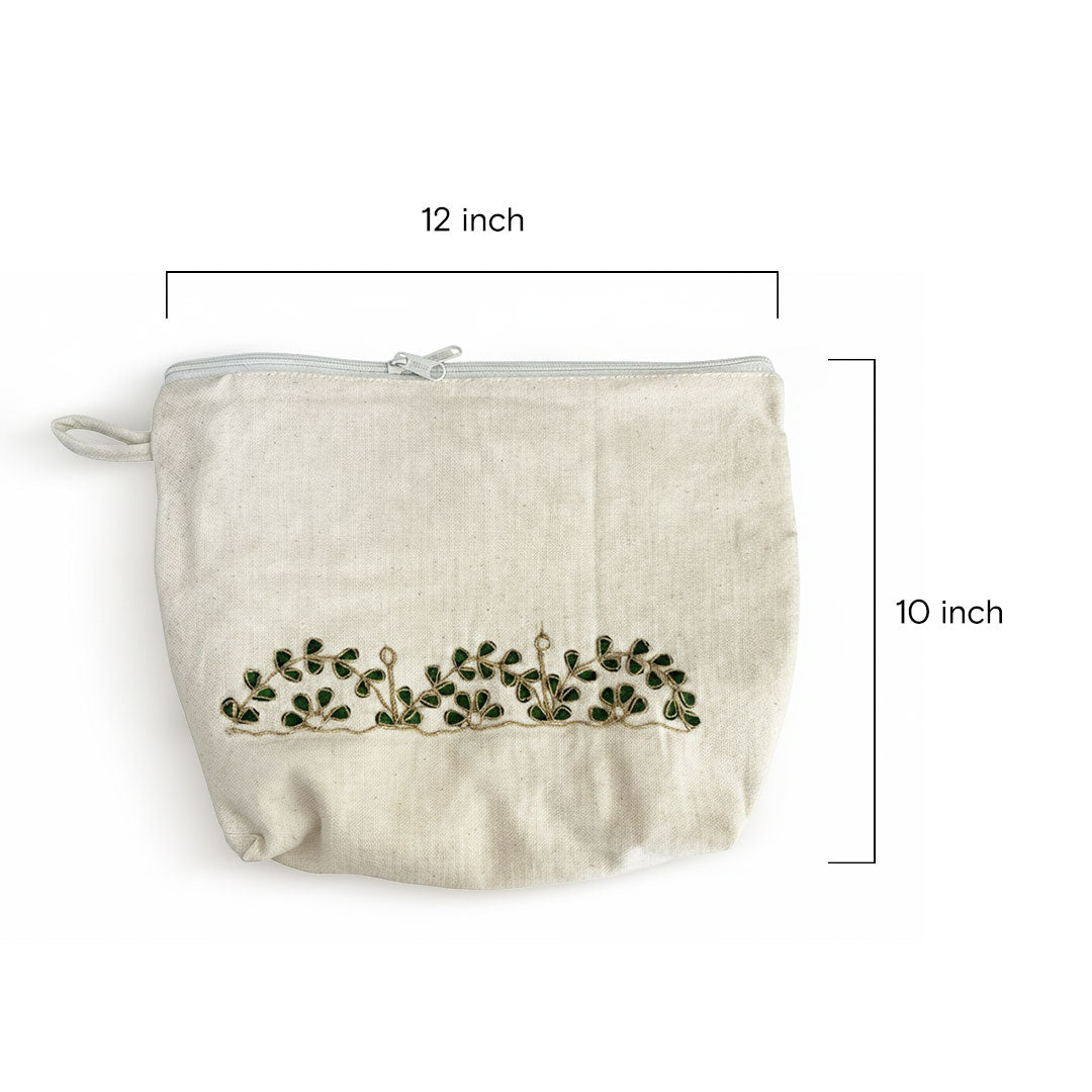 Gota Patti-Embroidered Canvas Travel Pouch with Green Leaf Vine