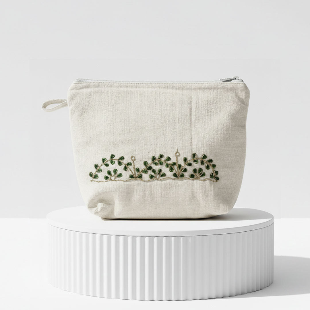 Gota Patti-Embroidered Canvas Travel Pouch with Green Leaf Vine
