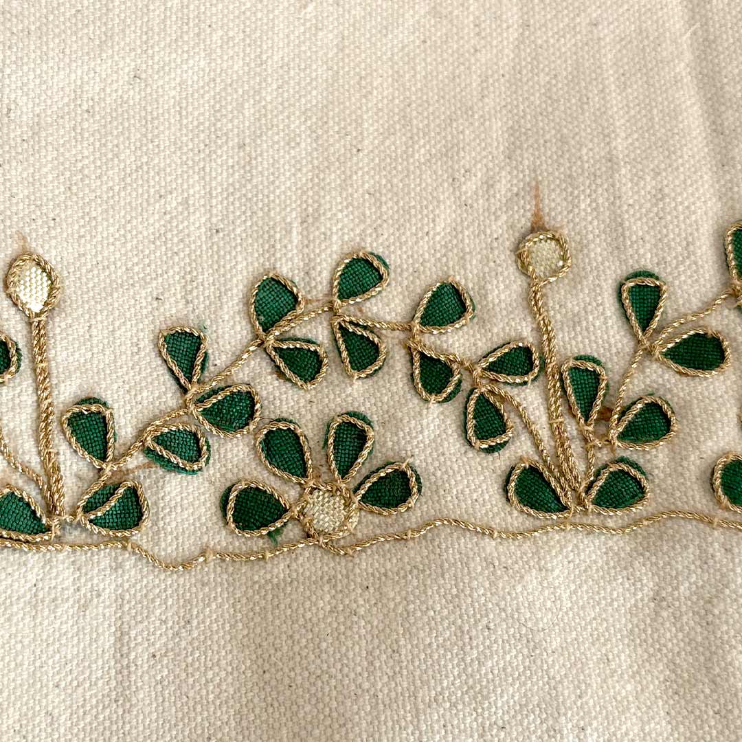 Gota Patti-Embroidered Canvas Travel Pouch with Green Leaf Vine