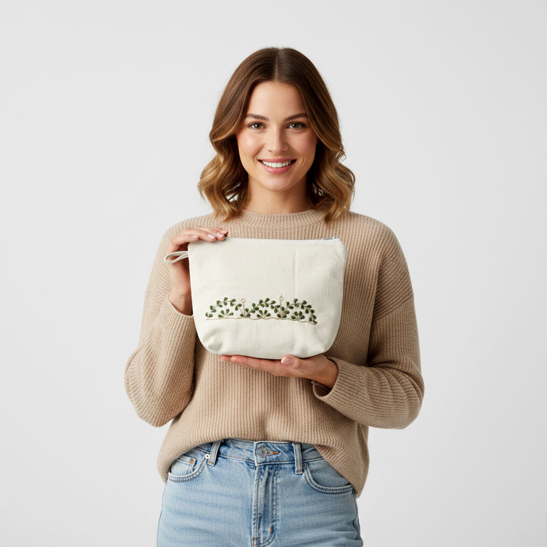 Gota Patti-Embroidered Canvas Travel Pouch with Green Leaf Vine