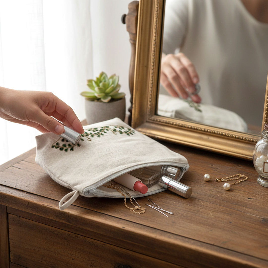 Gota Patti-Embroidered Canvas Travel Pouch with Green Leaf Vine