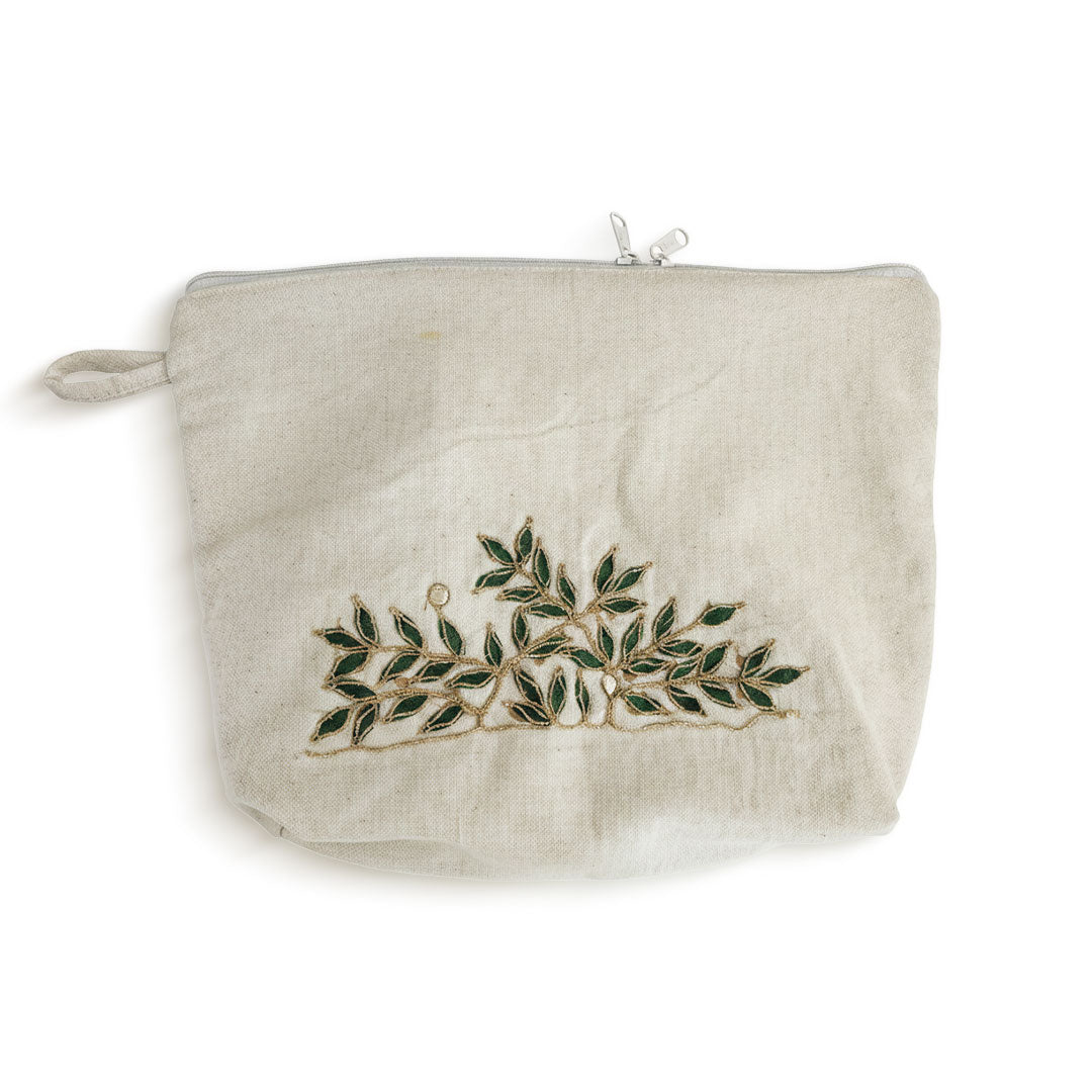 Gota Patti-Embroidered Canvas Travel Pouch - Botanical Leaf