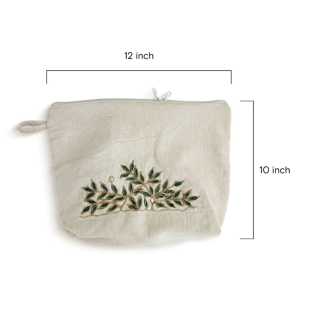 Gota Patti-Embroidered Canvas Travel Pouch - Botanical Leaf