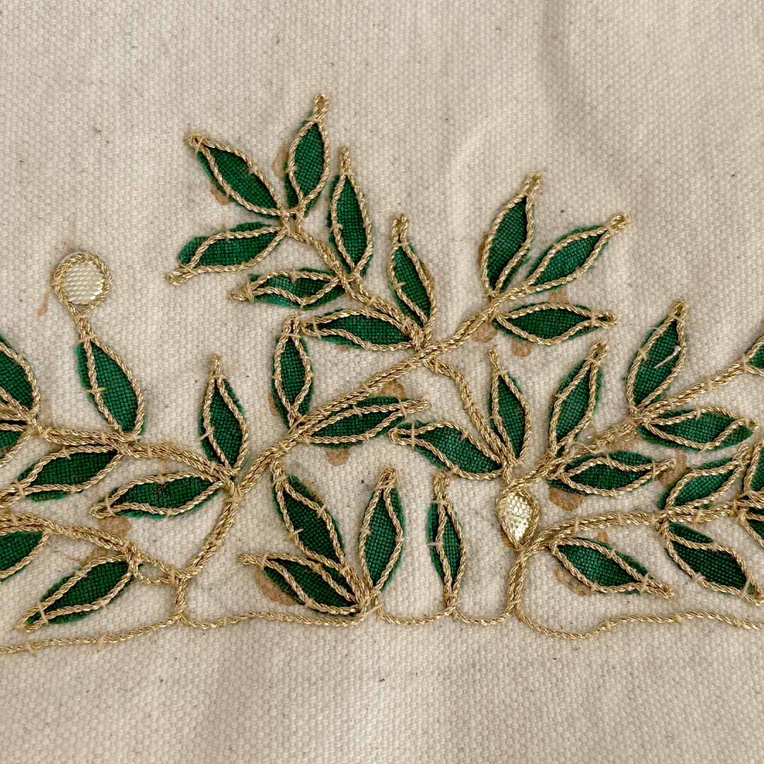 Gota Patti-Embroidered Canvas Travel Pouch - Botanical Leaf