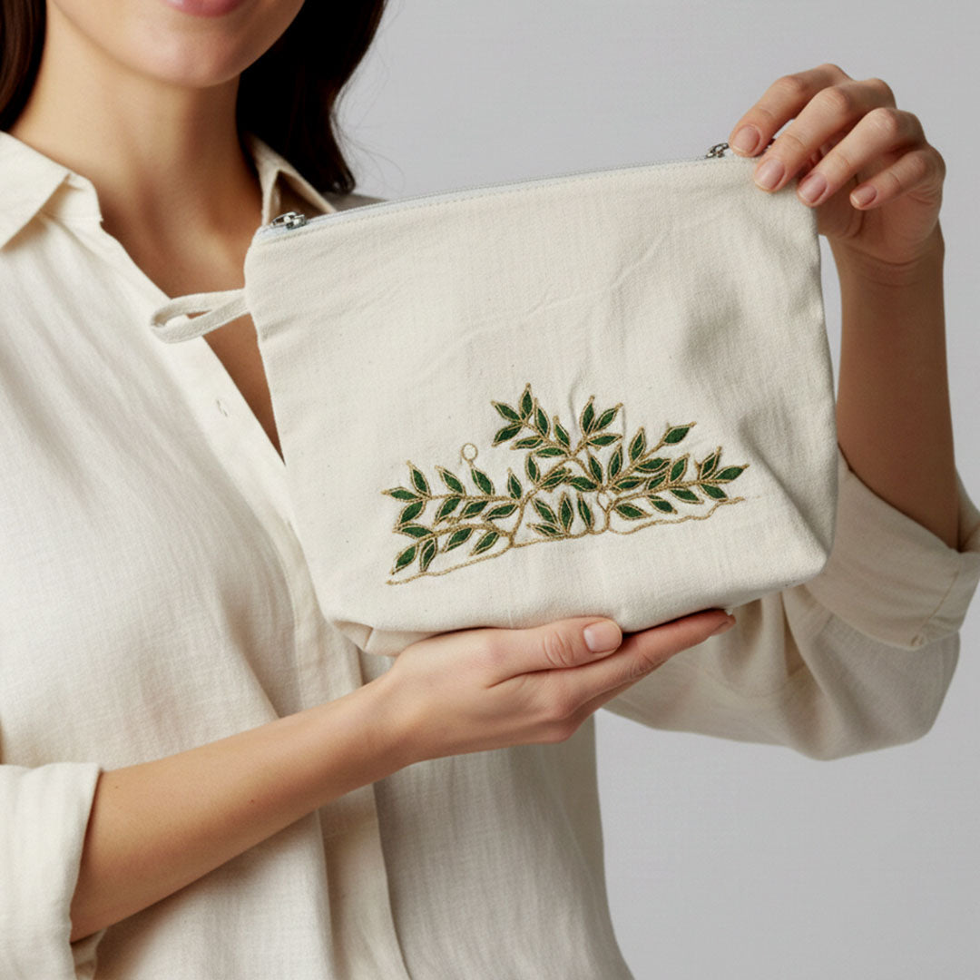 Gota Patti-Embroidered Canvas Travel Pouch - Botanical Leaf