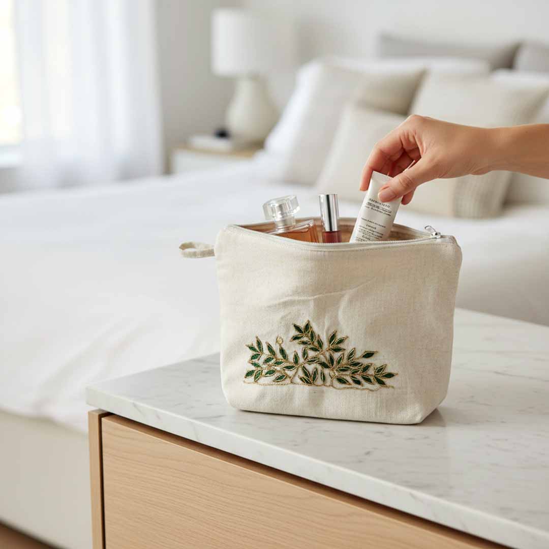 Gota Patti-Embroidered Canvas Travel Pouch - Botanical Leaf