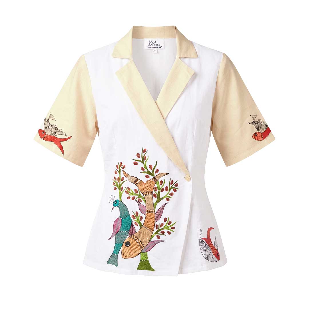 Gond Art Hand-Painted White Wrap Jacket