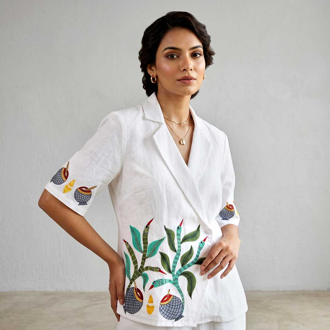 Artisanal Gond Art White Cotton Jacket