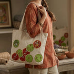 Person holding a tote bag with decorative designs in a home setting