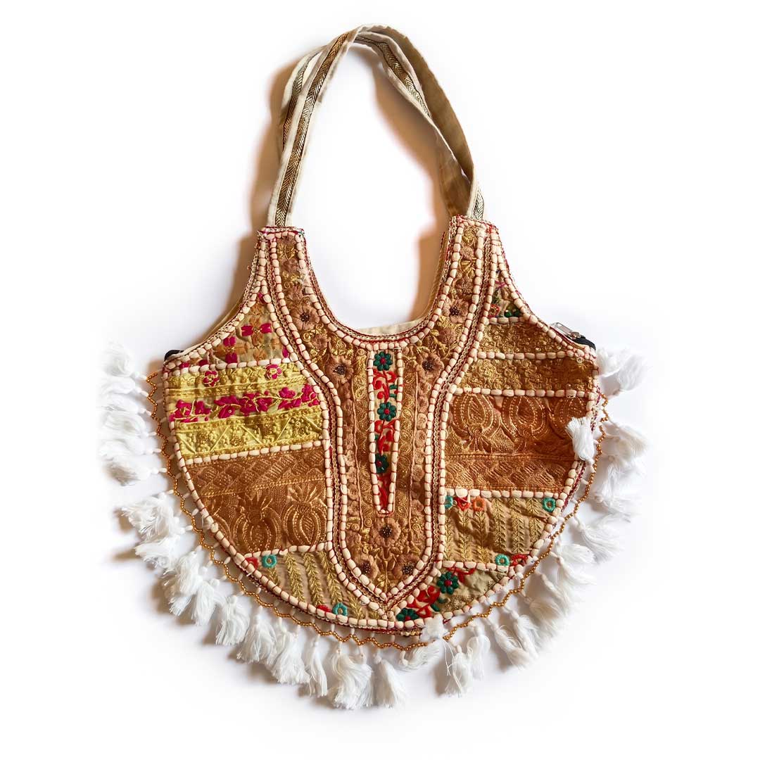 Kasida Kari Patchwork Hobo Bag with Intricate Gold Embroidery