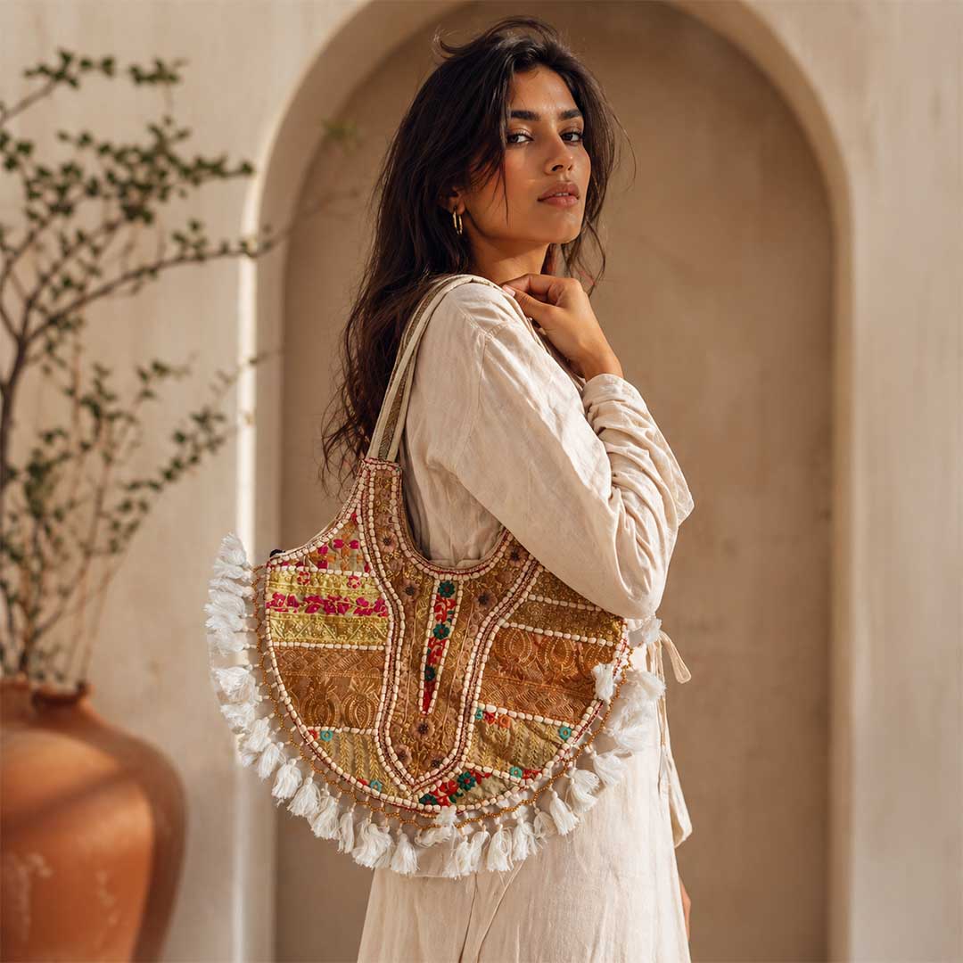Kasida Kari Patchwork Hobo Bag with Intricate Gold Embroidery