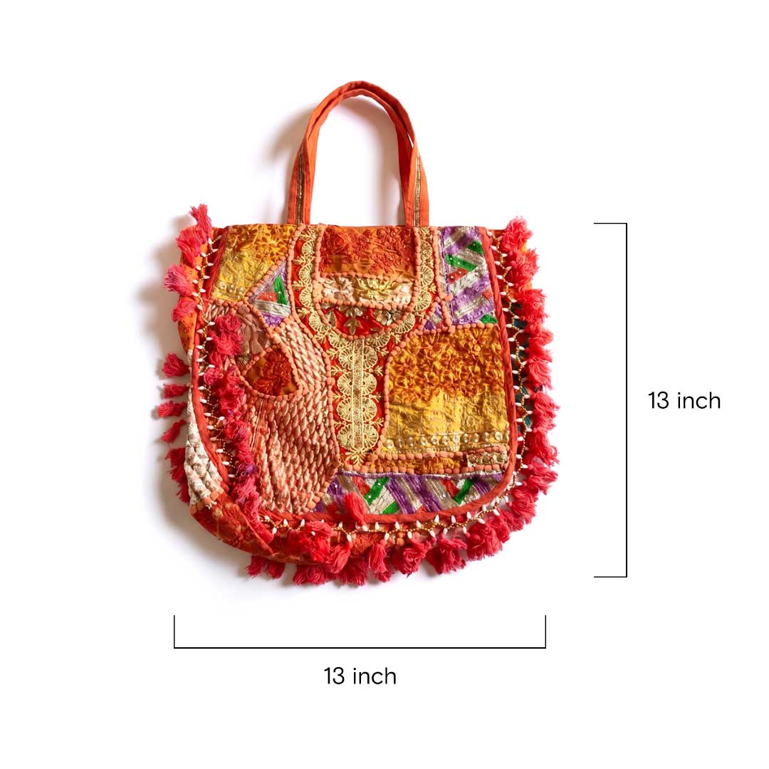 Kasida Kari Hand-Embroidered Patchwork Tote with Tassels