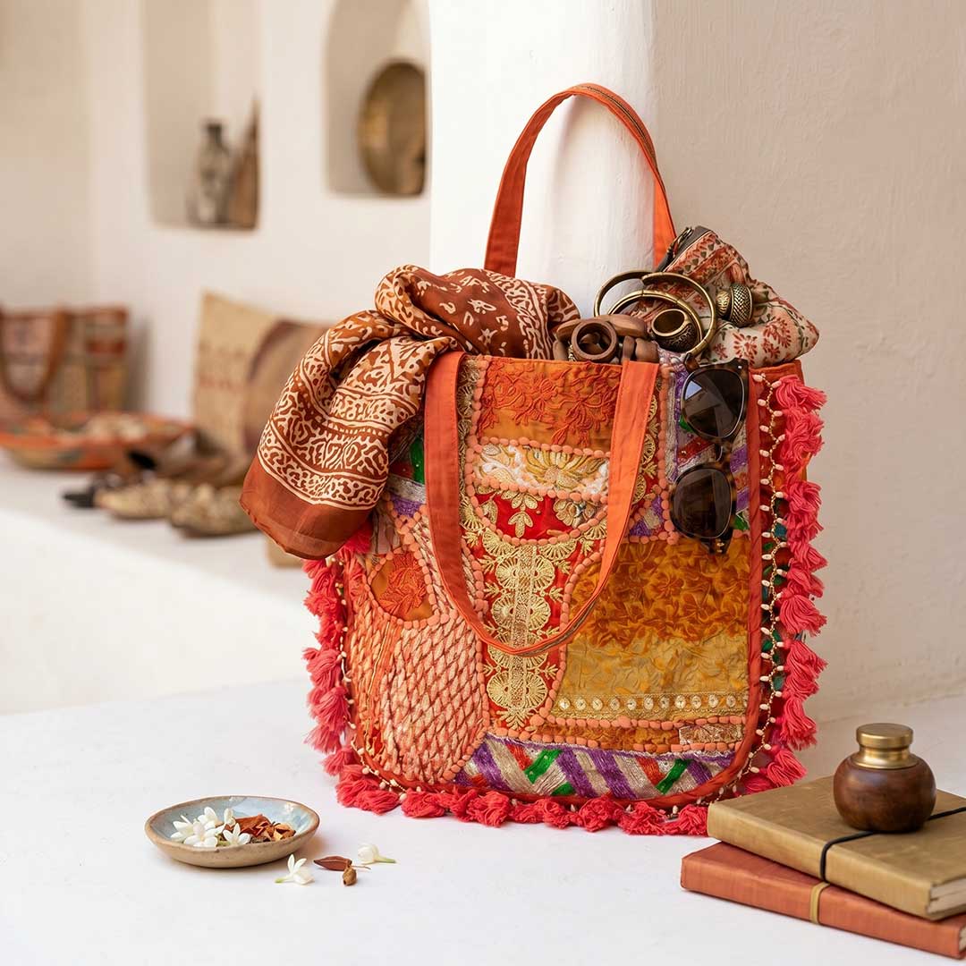 Kasida Kari Hand-Embroidered Patchwork Tote with Tassels
