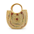 Embroidered Sabai Grass Crescent Tote with Wooden Handles