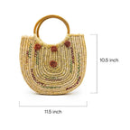 Embroidered Sabai Grass Crescent Tote with Wooden Handles
