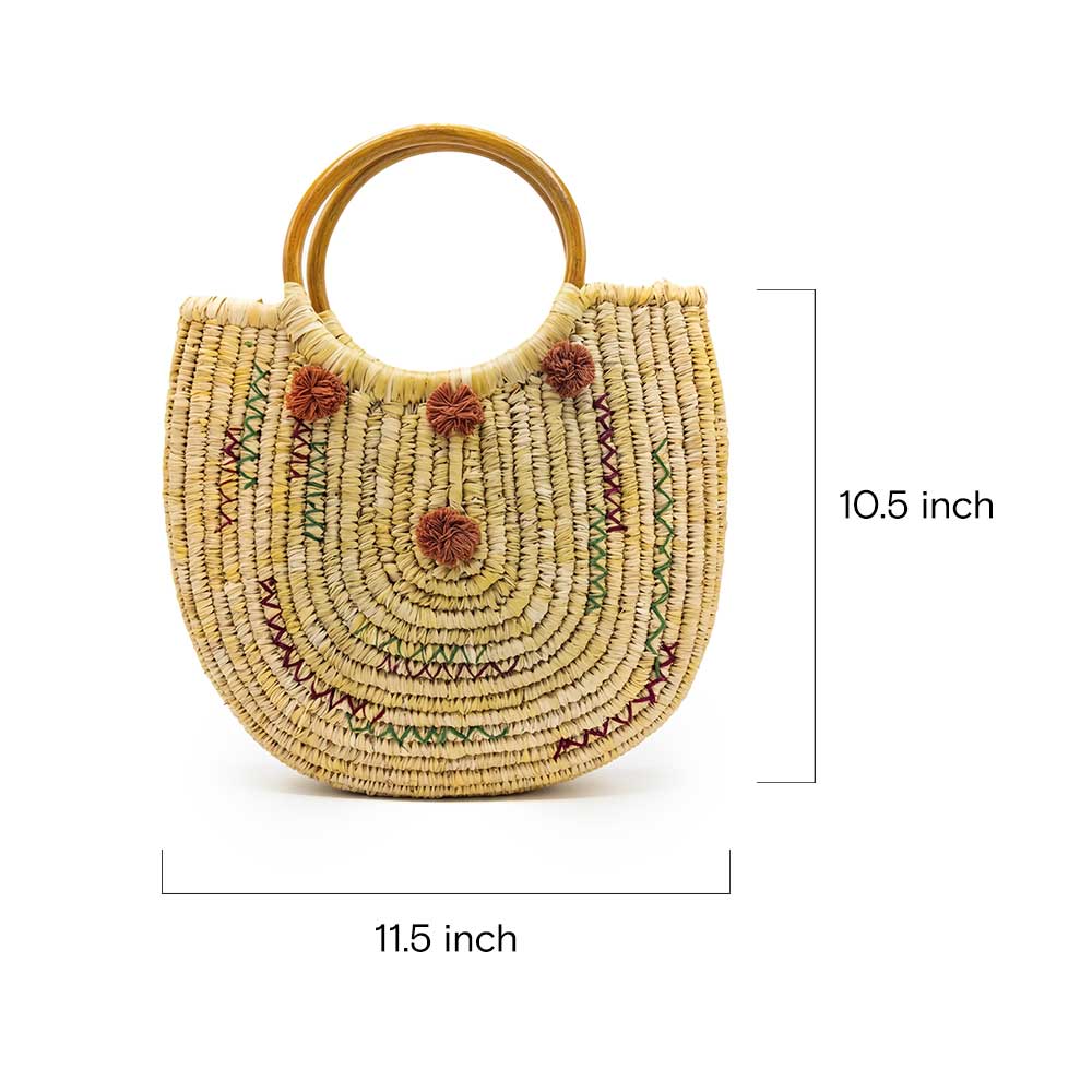 Embroidered Sabai Grass Crescent Tote with Wooden Handles