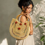 Embroidered Sabai Grass Crescent Tote with Wooden Handles