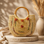 Embroidered Sabai Grass Crescent Tote with Wooden Handles