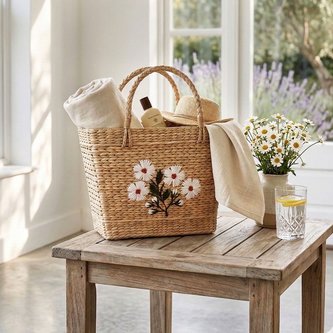 Daisy Meadow Embroidered Kauna Grass Tote Bag